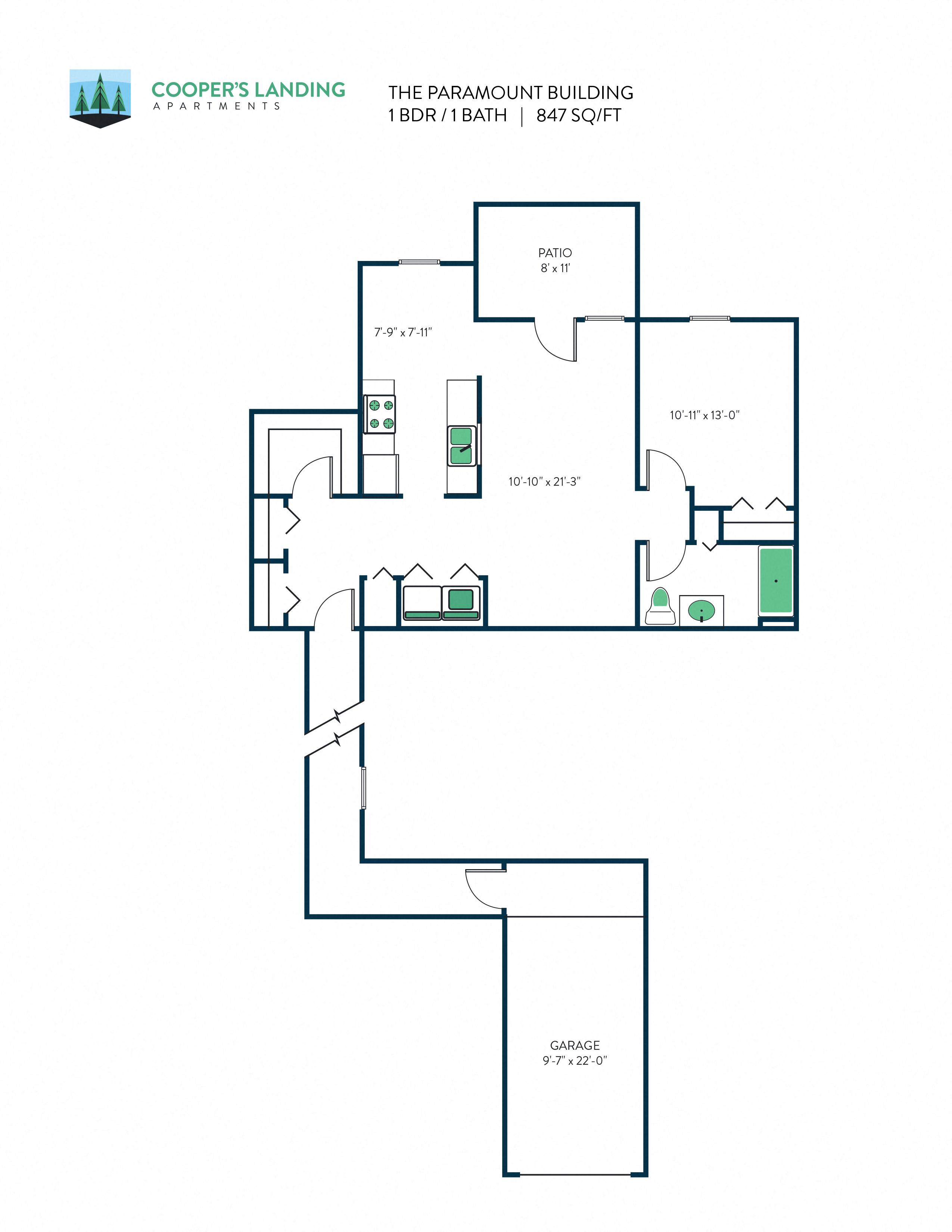 Floor plan for 1 bed, 1 bath, 847 sqft